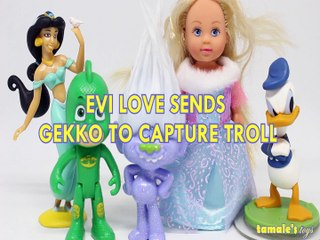 EVI LOVE SENDS GEKKO TO CAPTURE TROLLS MOVIE GUY DIAMOND PRINCESS JASMINE DONALD DISNEY , TOYS PJ MASKS , ALADDIN, DREAM