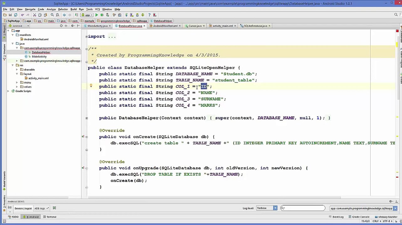 Android SQLite Database Tutorial 6 # Delete values in SQLite Database table using Android