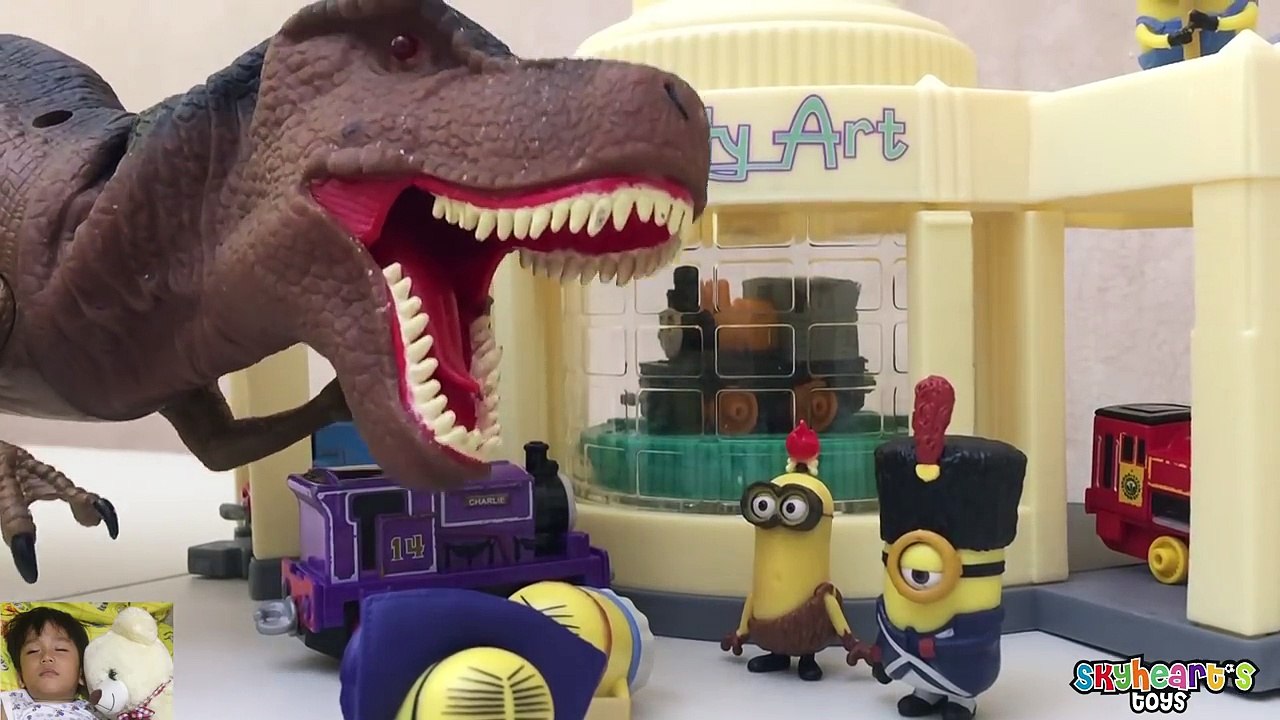 DINOSAUR eats MINIONS - Ironman, Captain America and Batman to the rescue - Toys for Kids