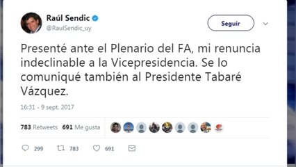 Sendic presenta su renuncia a la Vicepresidencia uruguaya