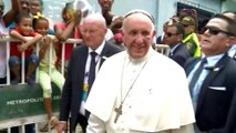 Black-eyed Pope Francis denounces slave trade in Cartagena