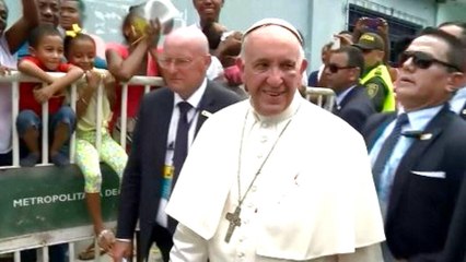 Black-eyed Pope Francis denounces slave trade in Cartagena