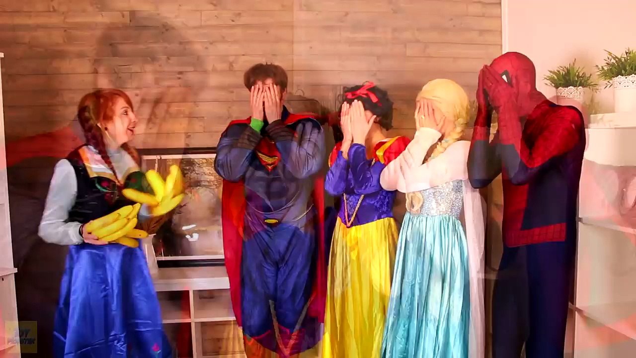 Frozen Elsa & Anna BANANA CHALLENGE! w/ Spiderman Joker Car Surprise Eggs Fun In Real Life