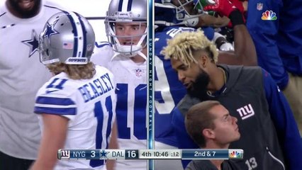 Odell Beckham reacts to Cole Beasley's impressive catch