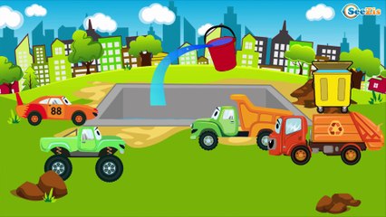Construction Trucks: The Yellow Bulldozer at work with his friends - Cars & Trucks Cartoon for kids