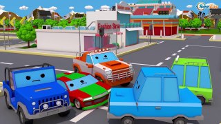 Kids Car Cartoon with Fire Truck & Monster Truck in the Big City Children Video Cars Team