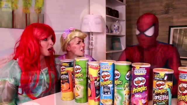 Spiderman & Frozen Elsa PRINGLES CHALLENGE! w/ Joker Maleficent Superman Supergirl! Superh