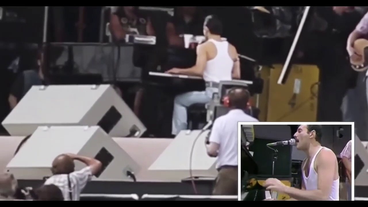 L'acteur Rami Malek dans la peau de Freddie Mercury avec Queen pour le Live Aid