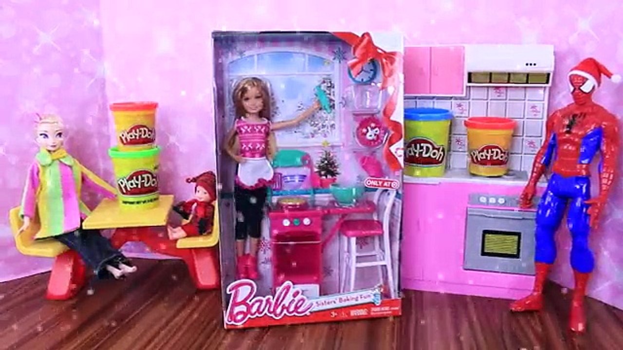 Barbie Sisters Baking Fun Dolls with DIY Play Doh Christmas Cookies + Frozen Kids, Elsa &