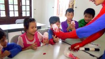 SuperHero Kids Go To School Learn Colors with Hair Color Finger Family Song w Teacher Spiderman