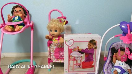 BABY ALIVE High Chair by You & Me + Real Surprises Doll Sophia + Snackin Sara + Better Now Baby