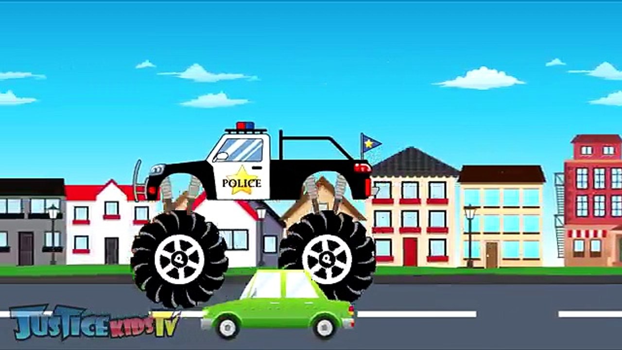 Police monster truck vs Sport car - kids video - video for children - p60 Lets learn colo