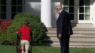 Watch Trump surprise young Frank while he is mowing, saying “Wow! Great job, Frank!” Frank's reaction is priceless: