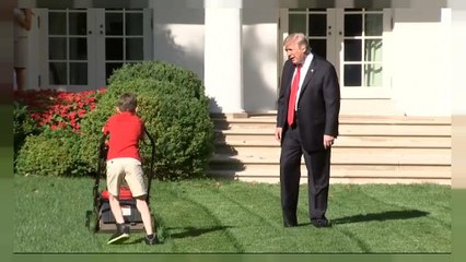 شاهد: طفل يقص عشب حديقة البيت الأبيض.. وترامب يراقب ويداعب