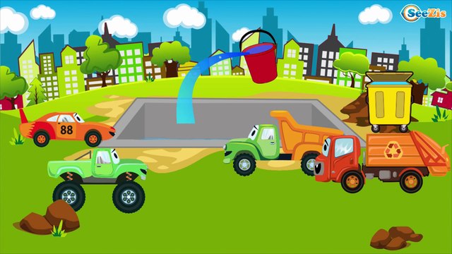 Construction Trucks: The Yellow Bulldozer at work with his friends - Cars & Trucks Cartoon for kids