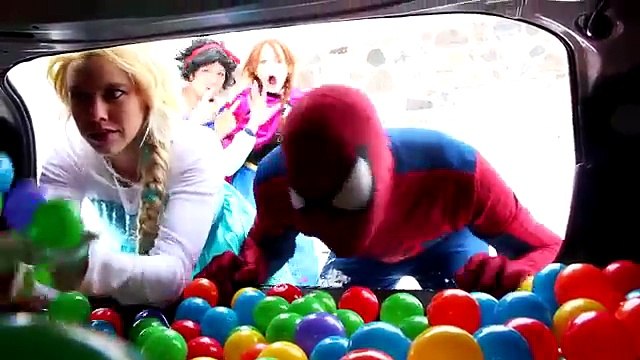Frozen Elsa & Spiderman BALL PIT CAR PRANK! w/ Princess Anna Joker Maleficent Real Life Su