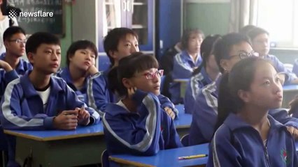 Chinese art teacher draws intricate landscape on whiteboard