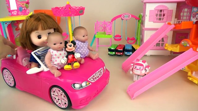 Baby doll car and Slide house toys play