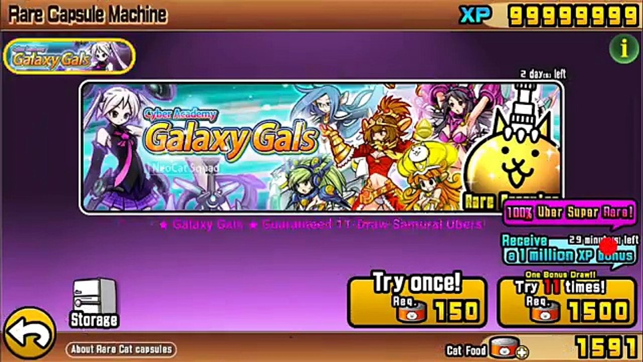 Battle Cats - 99,999,999 XP farming 700 user ranks! and 5250 CATFOOD on GALAXY GALS!!!