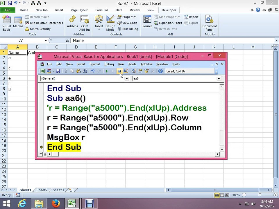 Excel vba macro class on 17 Sep 2017 for data Selection