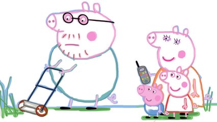 Cartoon Pig Peppa plays a spotted ball, draw