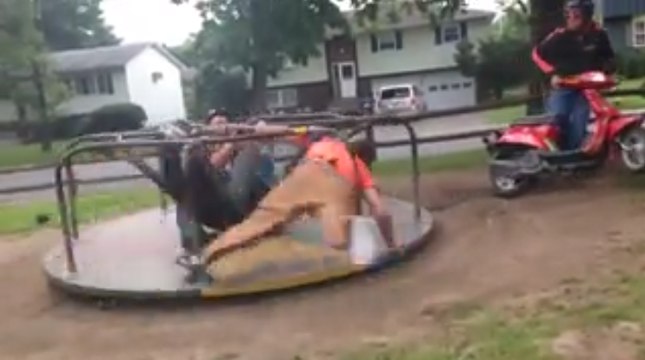 Epic Fail When Three Guys On A Merry Go Round Powered By A Scooter