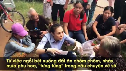 Mỹ Tâm ngồi bệt xuống đường, ăn chôm chôm với các cụ già neo đơn