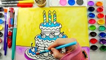 Ice Cream Birthday Cake Coloring Page to Learn Color Paint Draw for Kids with Hand Watercolor