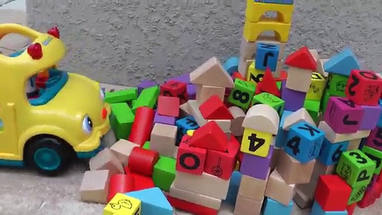 School BUS Washing and Driving over Building blocks - Water Playing - Cleaning Obstacles