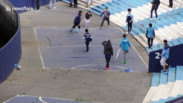 One-legged boy on crutches scores wonder goal