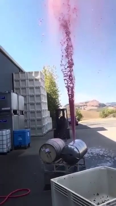Ils ouvre un tonneau de vin sous pression. Regardez la hauteur du jet... Dingue