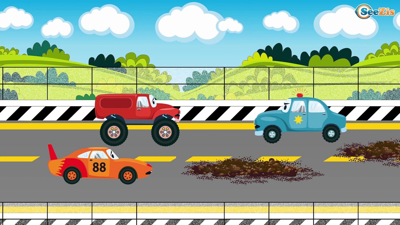 Monster Truck with Racing Cars and Police Car - Cartoon For Kids - Monster Trucks For Children