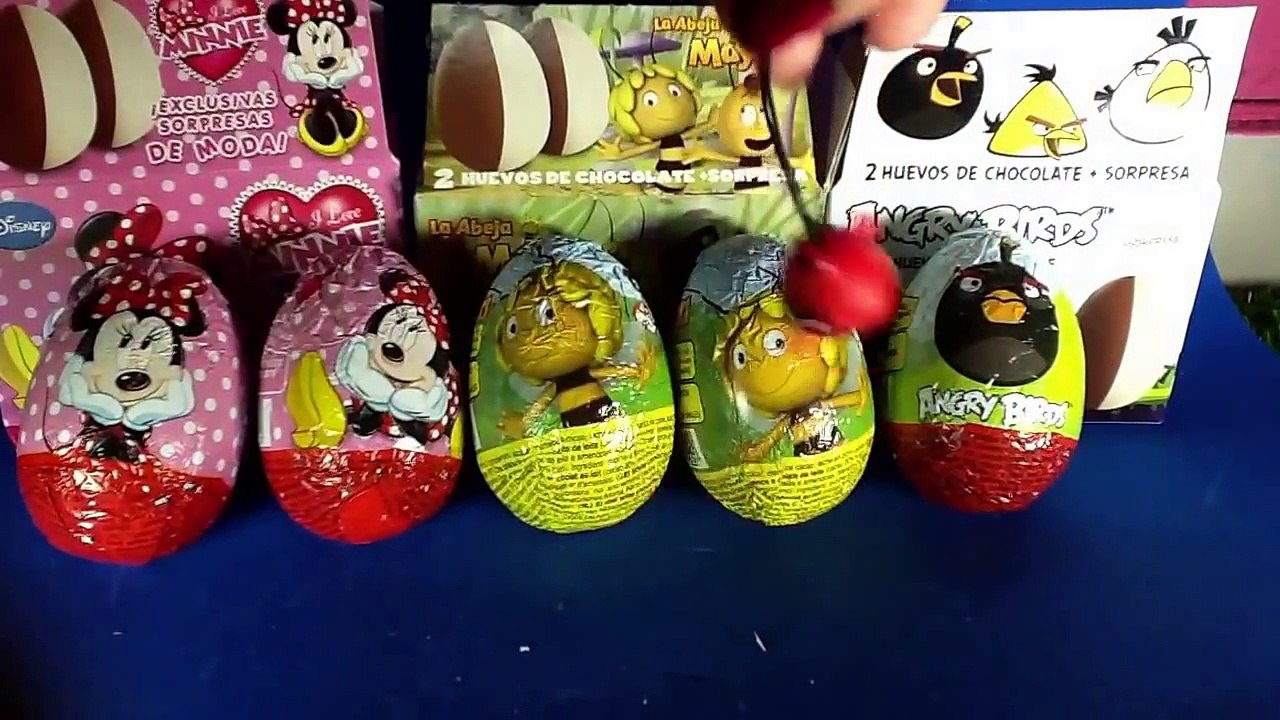 Huevos sorpresa ANGRY BIRDS, MINNIE Y LA ABEJA MAYA. Surprise eggs unboxing.