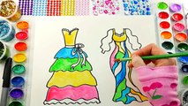 Pretty Dresses Coloring Page for Children to Learn Color with Glitter Watercolor Paint