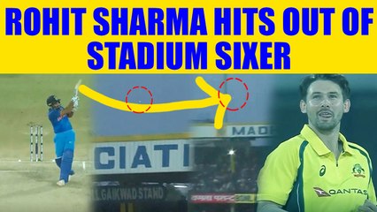 Download Video: India vs Australia 3rd ODI: Rohit Sharma sends ball flying outside the Holkar Stadium |Oneindia News