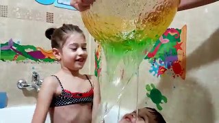 Slime Baff bath for kids. Funny challenge. Kids playing with toys.