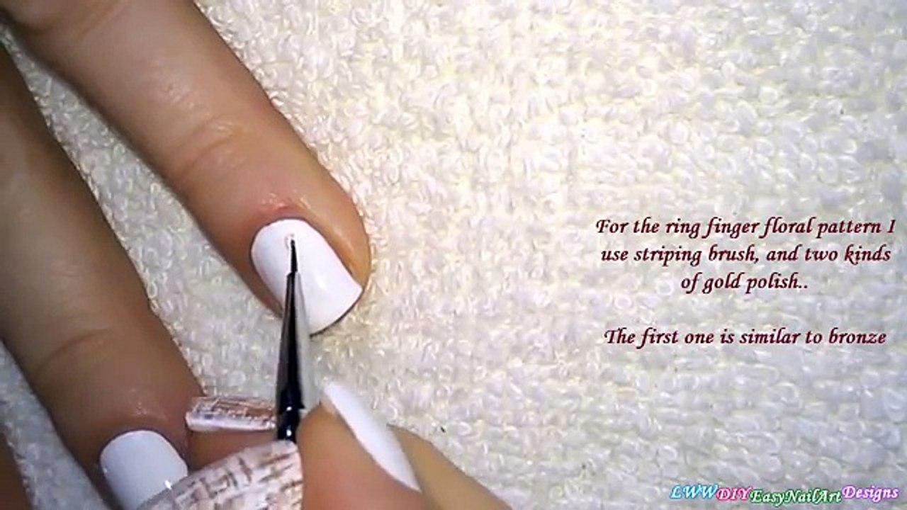 GOLD & WHITE NAIL ART / Dry Brush & FLORAL Nails Design