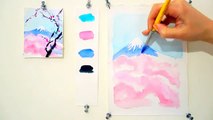 Step by step watercolor tutorial: Cherry Blossom and Mount Fuji