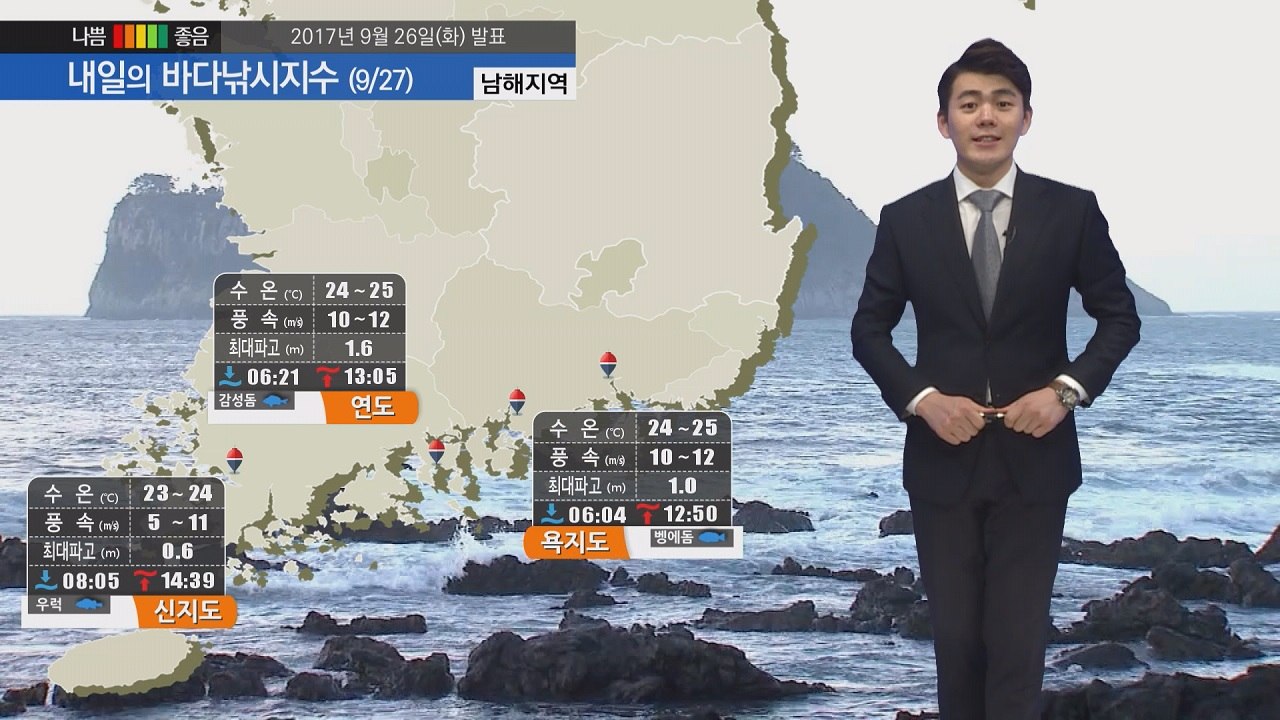 [내일의 바다낚시지수] 9월 27일 전국 비소식 남해안 제주 강한 바람 예상 출조 피해야  / YTN