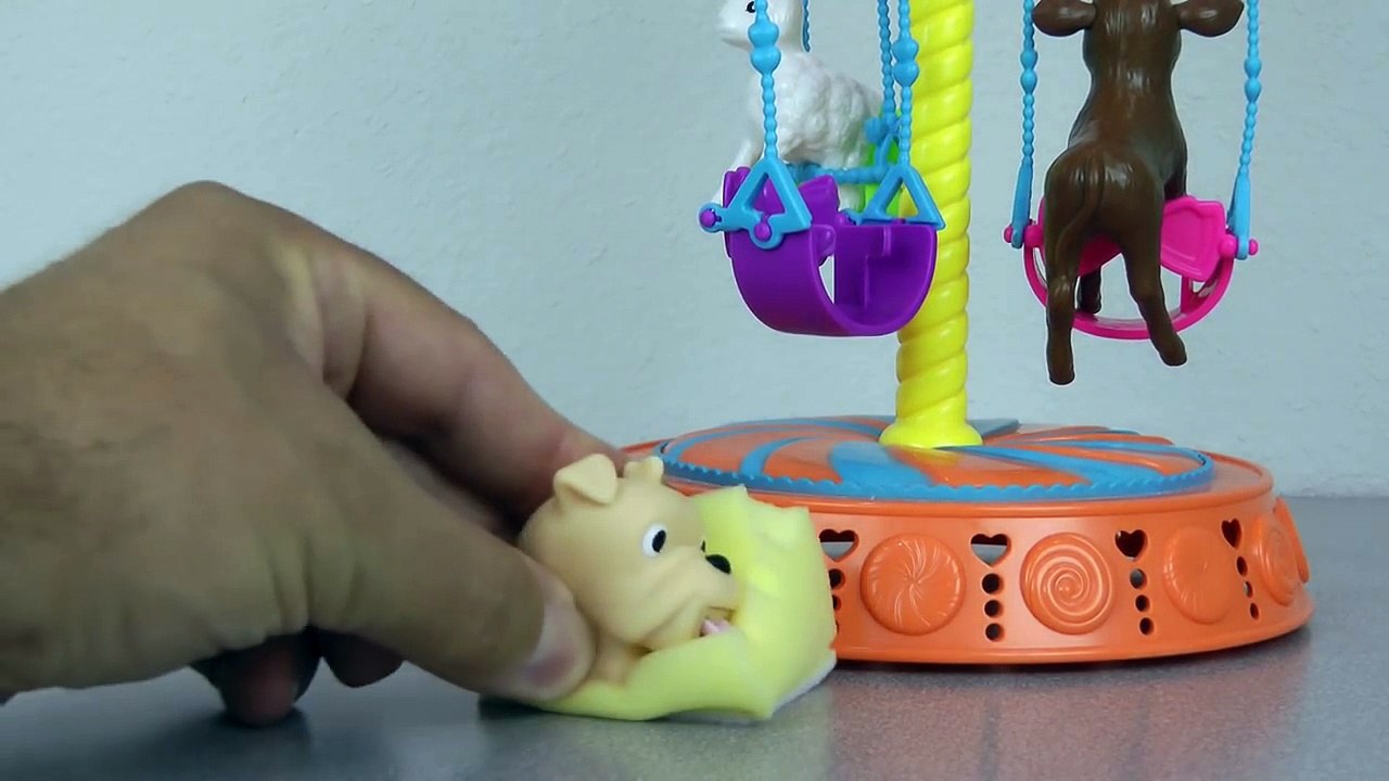 Farm Animals in CAROUSEL - Playing - Jumping- Silly sounds - Toy Lamb Dog Cow goofing around