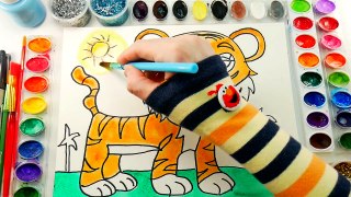 Tiger Coloring Page Cute Animals to color with Watercolors and Glitter Paint for Kids to Learn