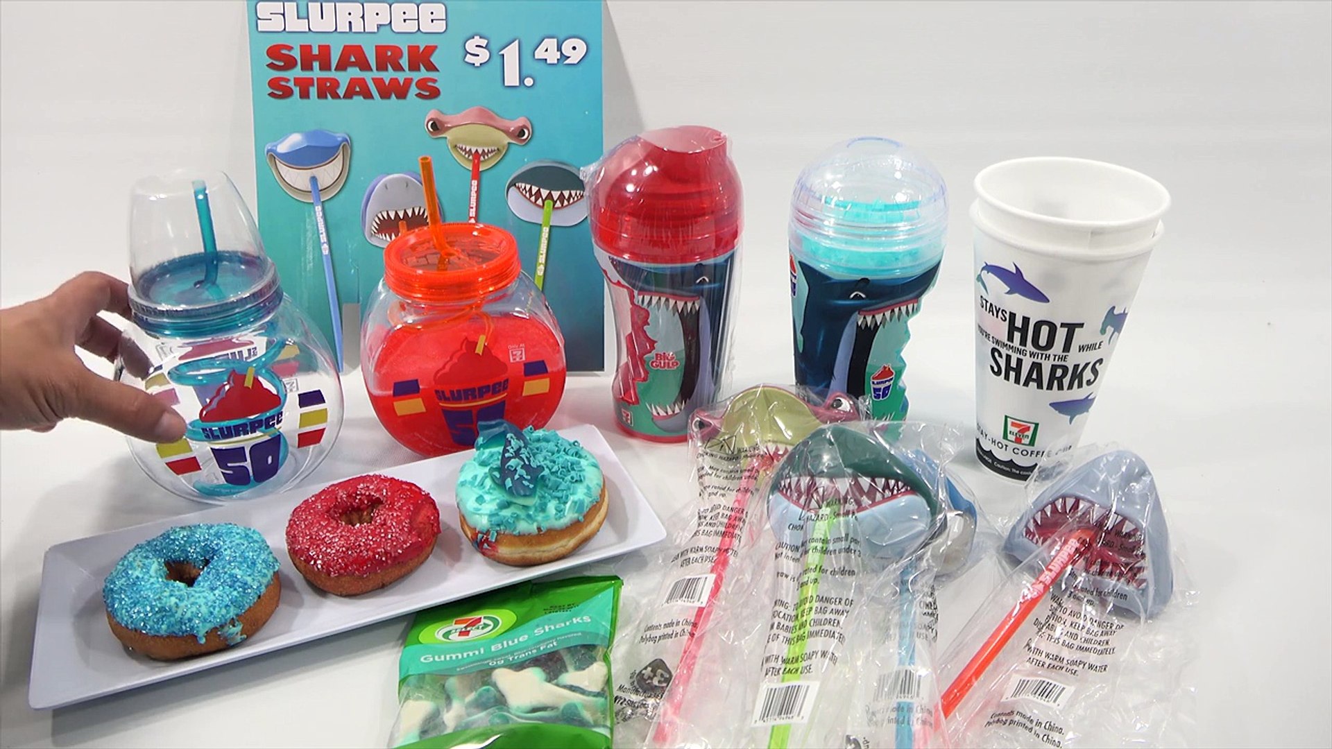 7-11 Shark Week Slurpee Cups, Shark Straws, Shark Donut!