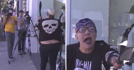 Crazy Woman Snaps With Machete In Front Of LA Shop