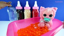 BABY DOLL BATH TIME! Learn Colors with Jelly Bean Baby Bottles with Surprise Toys Inside