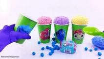 Learn Colors! Finding Dory Nemo Play-Doh Dippin Dots Surprise Eggs Clay Foam Snow Cone Cups!