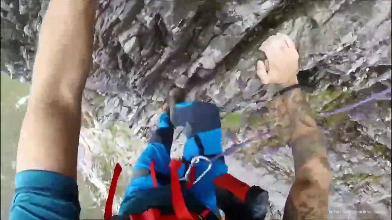 Un chien et son maitre escalade une falaise rocheuse sans peur !