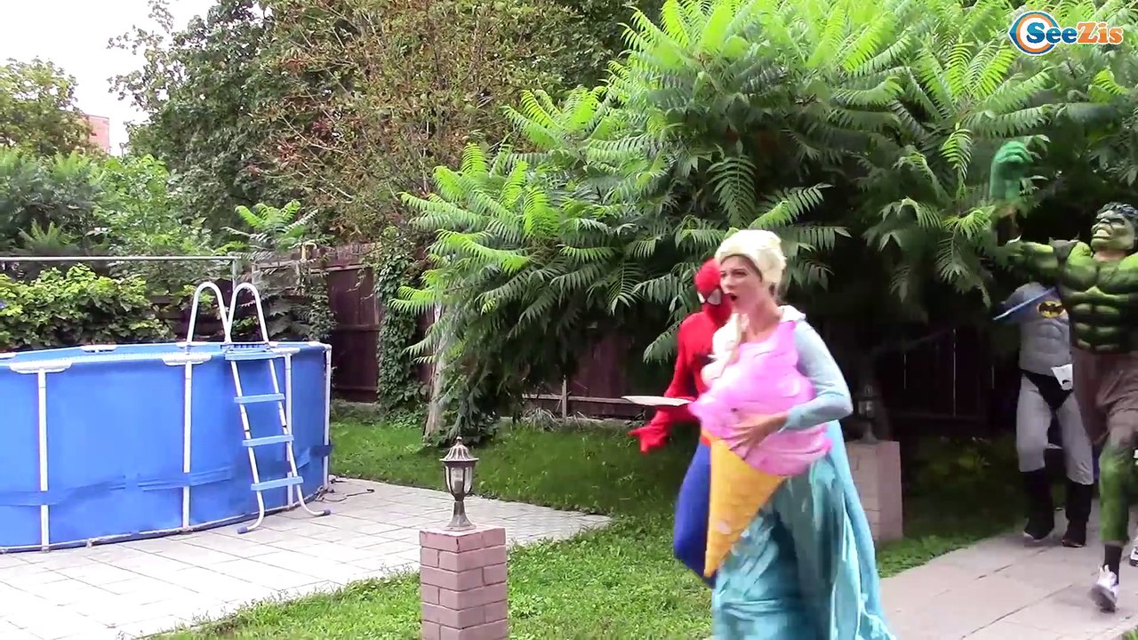 Frozen Elsa & Spiderman CAKE PRANK! w/ Maleficent Joker Spidergirl IRL! Superhero Fun