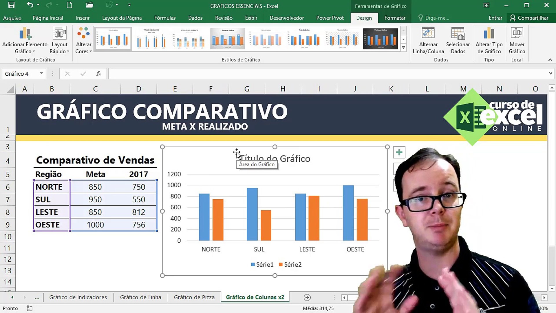 Grafico Vazado de Colunas - Grafico de Meta e Realizado - Curso de Excel OnLine