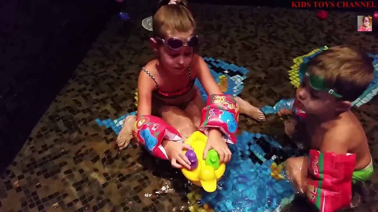 Kids playing in water. Ride at the hotel pool . Funny video new from KIDS TOYS CHANNEL