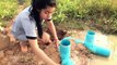 Smart Girl Using 2 Deep Holes Fishing Trap PVC Plastic Pipes Catch A lot of Fishes